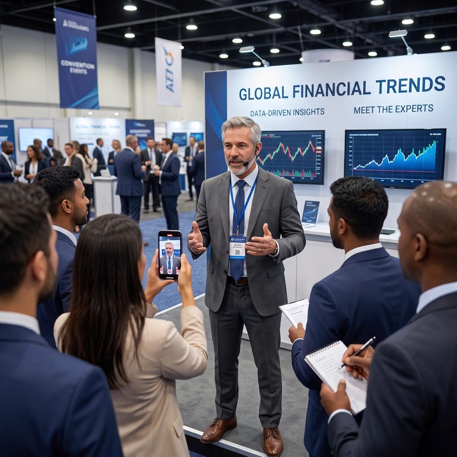 El CEO de CapitalSync presentando tendencias financieras globales en una conferencia